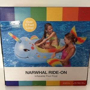 New in Box Narwhal Ride-On Rainbow Inflatable Pool Float Over 6ft Long